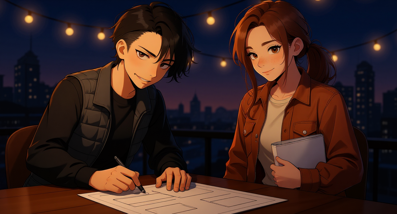 Illustrated guides Nori and Liz reviewing a blueprint together on a rooftop