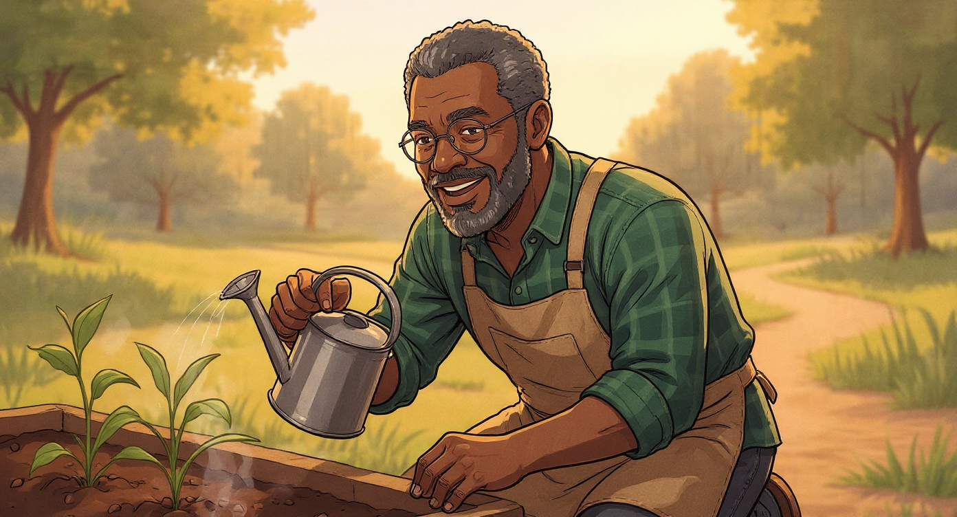 Illustrated guide Theo watering seedlings