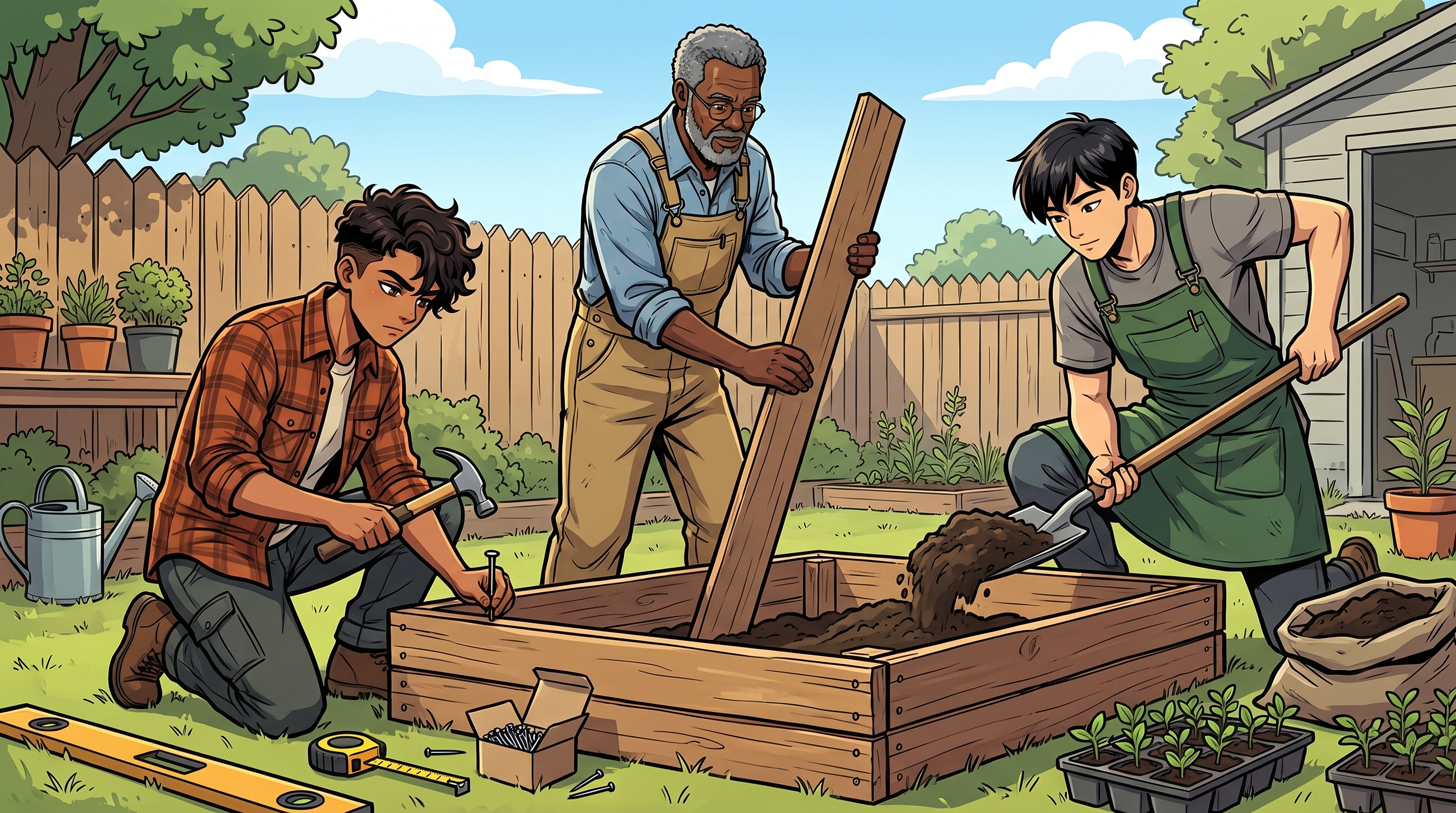 Illustrated guides River, Theo, and Nori building a raised garden bed together