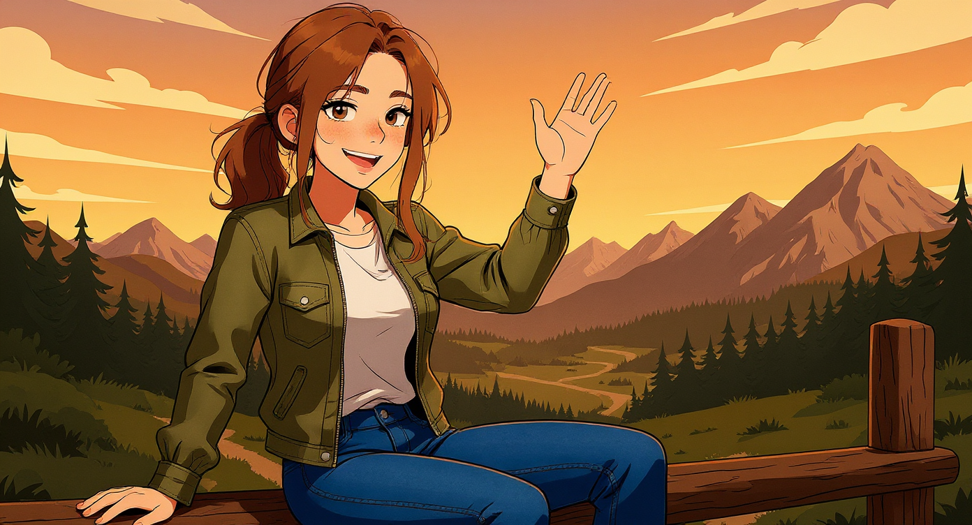 Illustrated guide Liz waving from a fence rail