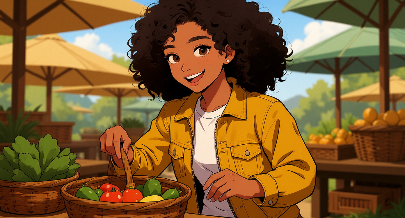 Illustrated guide Maya arranging fresh produce at an outdoor market stall