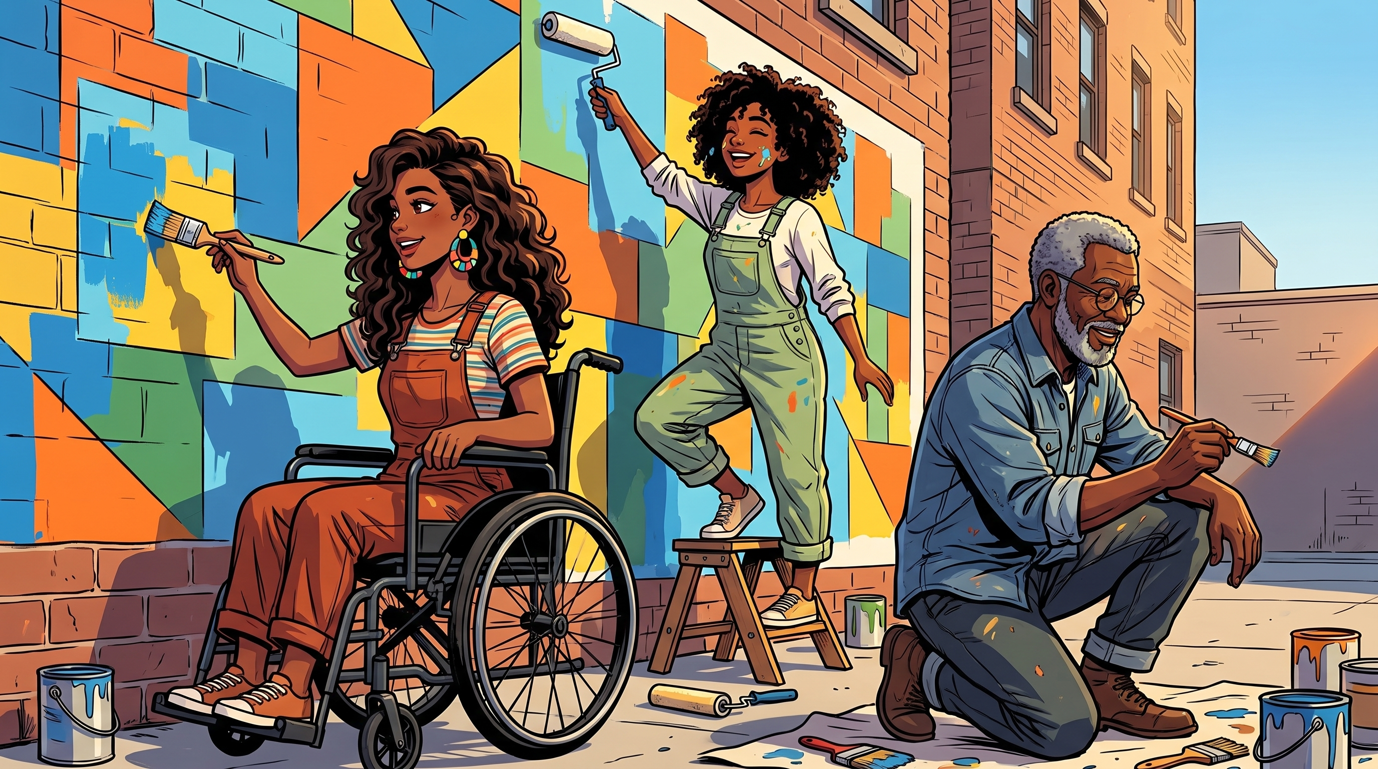 Illustrated guides Dani, Maya, and Theo painting a community mural together